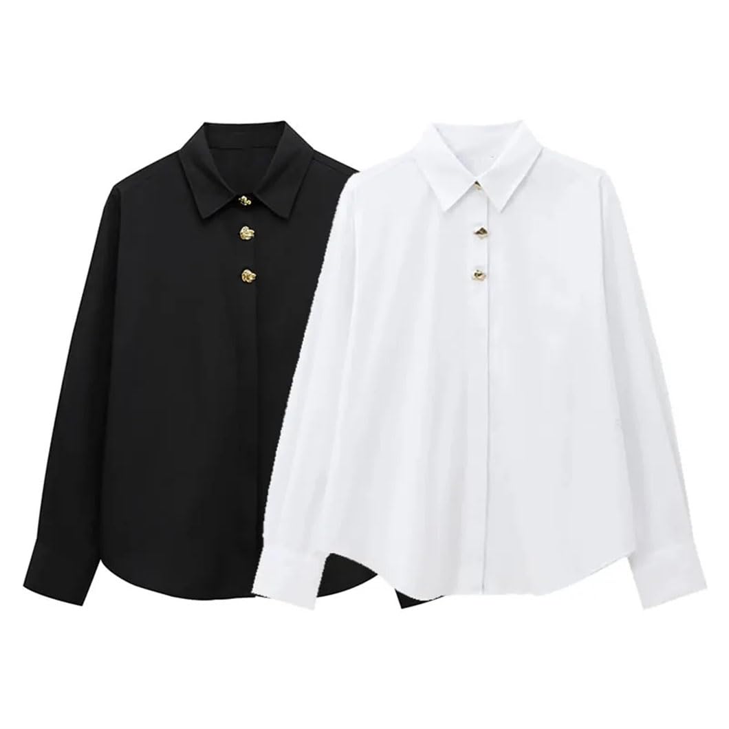 Camicia da donna tinta unita con bottoni in metallo a maniche lunghe camicetta casual streetwear top