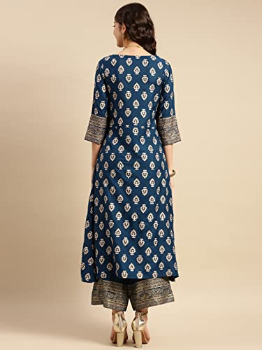 Image of rangita Navy Rayon Printed A-line Kurta with Palazzo | Kurta Set for Women