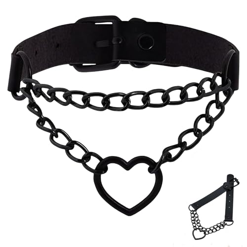 Herz Chocker Halsketten Kreis,Punk Choker Kette,Herz Charm Verstellbare Kragen Halskette,Elegant Halsband Damen,Lederhalsband,Collar,Gothic Schmuck,EMO Accessoires,Joker Kette,Rocker Outfit (Schwarz)