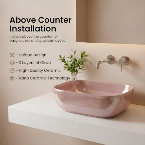 Image of VENICE Bathroom Vanity Sink Countertop Stylish & Durable Ceramic Tabletop Wash Basin Rectangular Vessel Bowl Metallic Pink Glossy Finish