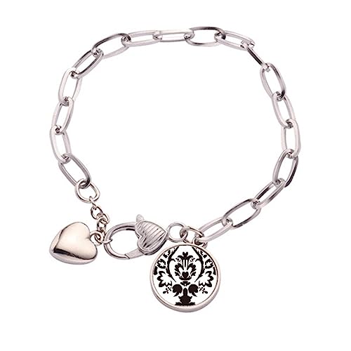 Bracelet à chaîne en forme de cœur et fleurs baroques noires le cadeau en métal idéal taille M