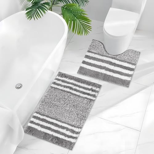 2 Teilig Badematten Set, Ultra Dicker Badteppich Set, Badvorleger Badezimmerteppich, Badezimmerteppich Vorleger Saugfähige rutschfeste Badteppich Waschbar Badvorleger (Dunkelgrau) – Bild 4