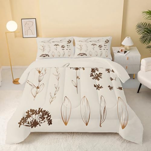 Edredon Cama 150/135 Beige, patrón de Flor Nordico Cama 150/135 de Microfibra, Relleno 4 Estaciones Reversible, Ligero y Suave Edredón 220x240 cm y 2 Fundas de Almohadas 50x75 cm