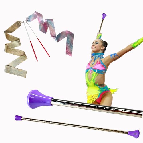 Oiloda 2 Pcs Batons for Twirling and 2 Pcs Dance Ribbons, 21” Twirling Baton Rhythmic Gymnastics Conducting Marching Batons for Baton Twirler, Talent Shows and Artistic Dancing (2-Purple)
