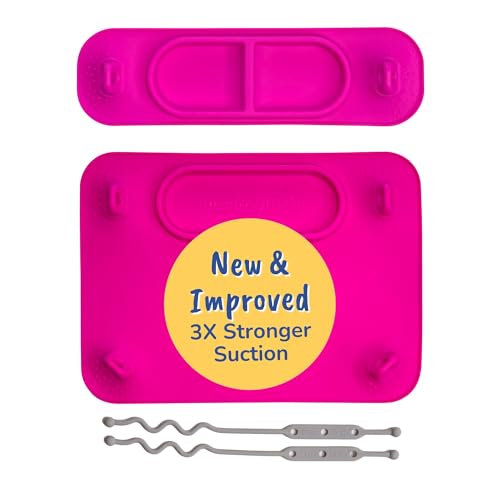 Image of BUSY BABY Silicone Mat Bundle - 1 Original Mat Plus 1 Mini Mat, New Stronger Suction Cups, 6 Straps to Secure Baby Essentials and Keep Them Off The Floor, Baby Led Weaning, Wet Bag Included (Pink)