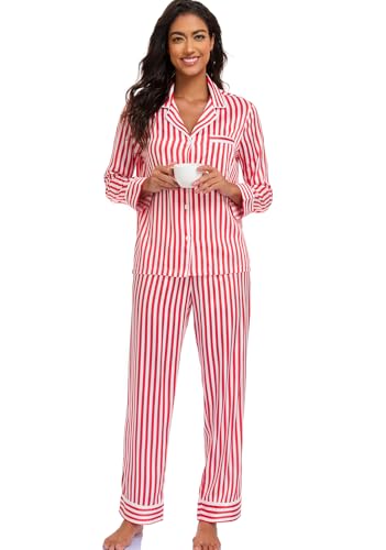Image of Serenedelicacy Women's Satin Pajama Set Long Sleeve Button Down Sleepwear 2-Piece Silky Pj Set