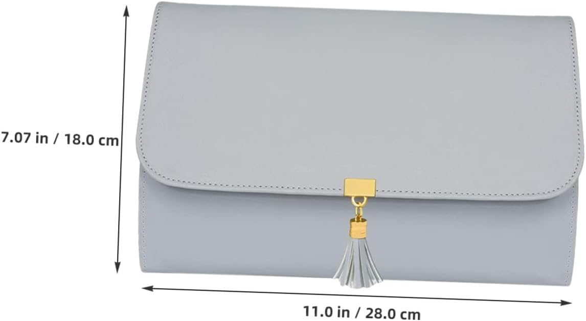 Travel Jewelry Roll Bag Large Capacity Foldable Leather Tassel Jewelry Organizer Pouch Gray for Women Travel