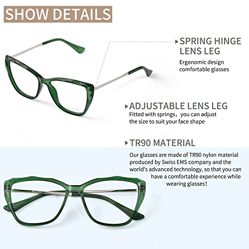 Image of Blue Light Blocking Glasses Cat Eye Stylish Computer Eyeglasses UV Ray Filter Women AB3304 (Green)