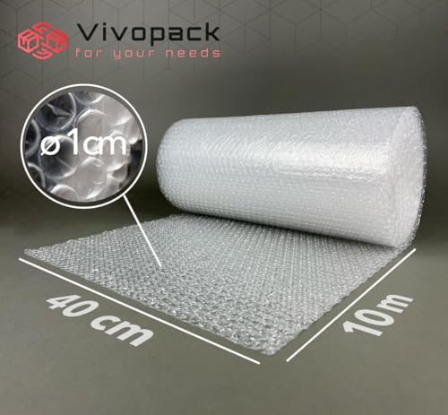 Vivopack Luftpolsterfolie Rolle 40cm x 10m lang, 50my, Verpackungsmaterial, Noppenfolie, Bubble wrap, Verpackungsfolie ideal als Verpackungsmatierial: Luftpolsterfolien oder Umzugsfolie für Möbel