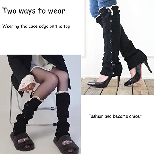 Bifpast Leg Warmers Harajuku With Lace Button Knit Harajuku Japanese Style Kawaii Lolita Gothic Flared And Loose Fit Knit Long Leg Warmers Loose High Socks (Black) #TOP4