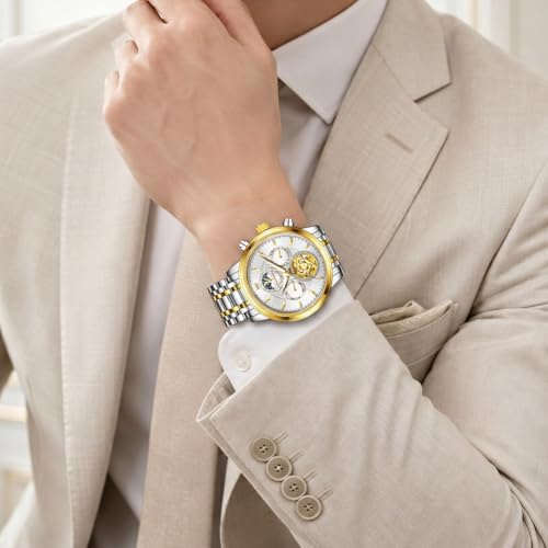 Image of OLEVS Men Automatic Skeleton Watch - Luxury Stainless Steel Calendar Moon Phase Mechanical Dress Wrist Watch with Luminous, Waterproof Self-Wind (Gold /Silver /Blue /Black)