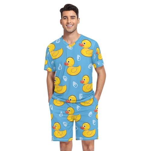 Men's Pajama Set Yellow Ducks Blue Background Short Sleeve with Shorts Pockets Sleepwear Set Summer Loungewear