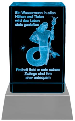 Kaltner Präsente Stimmungslicht - Das perfekte Geschenk: LED Kerze/Kristall Glasblock / 3D-Laser-Gravur Horoskop Sternzeichen Wassermann Astrologie
