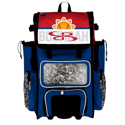 Boombah Rolling Superpack Baseball/Softball Gear Bag - Telescopic Handle - Holds 4 Bats - Wheeled Version - Sunflower Seeds Royal Blue/Red/White