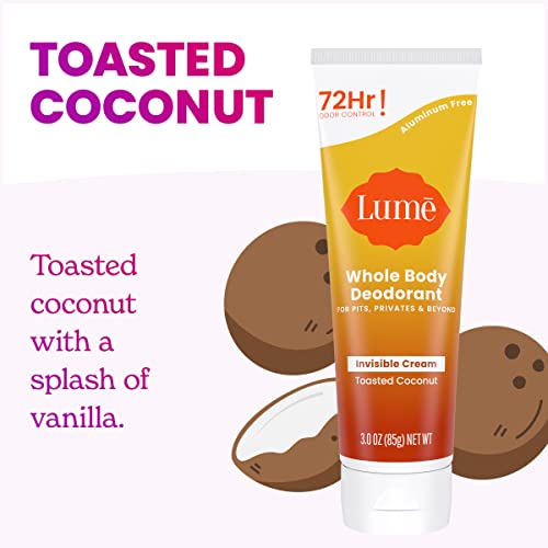 lume whole body deodorant - invisible cream tube - 72 hour odor control - aluminum free baking soda free skin safe - 30 ounce toasted coconut