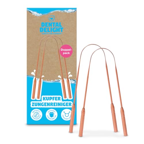 Kupfer Zungenschaber (2er Set) Zungenreiniger aus reinem Kupfer gegen Mundgeruch & Zungenbelag Antibakteriell plastikfrei & langlebig | Dental Delight