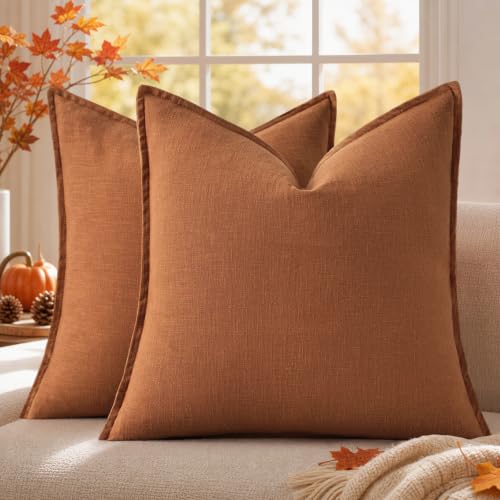 Image of decorUhome Fall Light Rust Linen Throw Pillow Covers 22x22 Set of 2