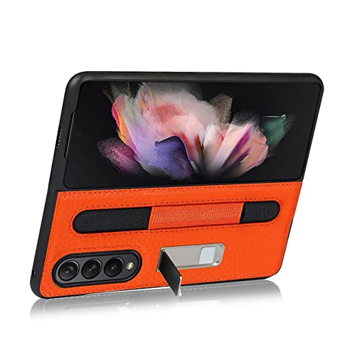 Étui en cuir pour Samsung Z Fold 3 coque orange avec support de protection anti-chute litchi