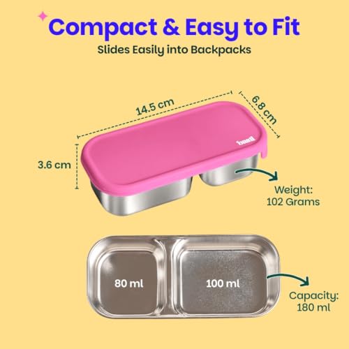 Image of Basil Stainless Steel 2 Compartment Pickle & Dip Container | Chutney Box for Tiffin | Leak Proof Container with Food Grade Silicone Lid | Dip Box for Ketchup & Sauces | School & Office - Pink