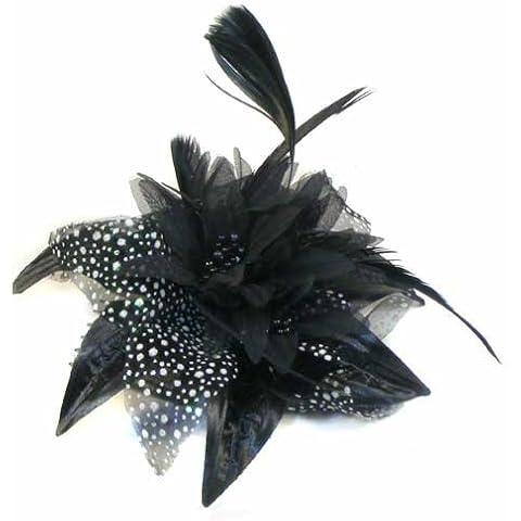 Black chiffon flower & feather fascinator on comb. Perfect for wedding, races or other special occasion Cover