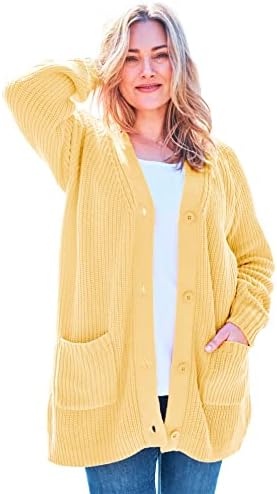 Woman Within Women's Plus Size Long-Sleeve Shaker Cardigan Sweater - 4X, Banana Yellow