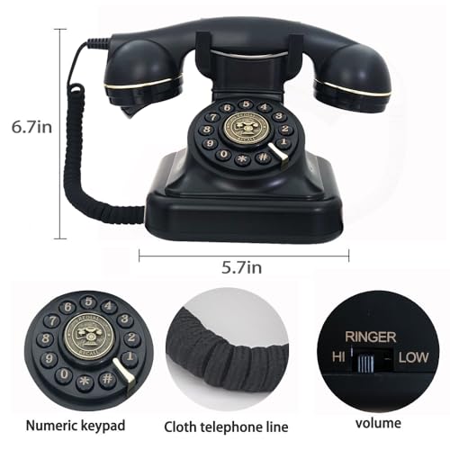 Telefone fixo retrô para casa, TelPal com fio preto antigo. Telefone antigo com botão de pressão dos