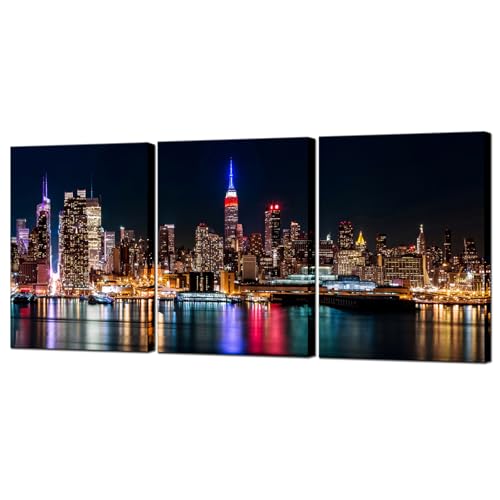 Biuteawal New York City Canvas Wall Art Manhattan Skyline Night View Picture Painting Modern Giclee Canvas Prints Home Office Living Room Wall Decoration