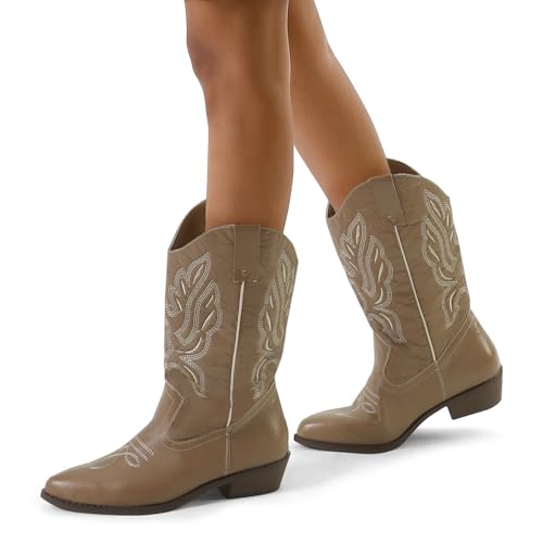 Image of mysoft Cowboy Boots For Women - Western Cowgirl Boots Mid Calf Chunky Heel Booties Pointed Toe Country Shoes