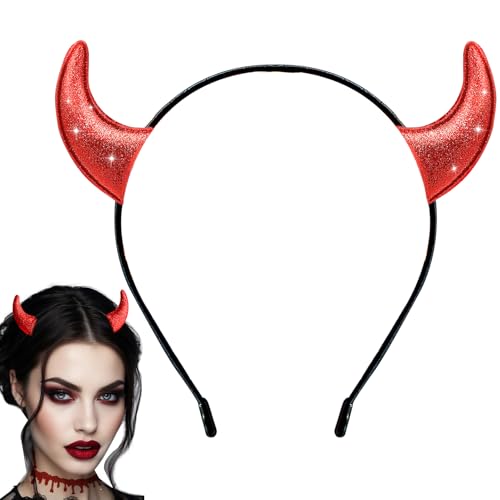 nooepc Glitter Devil Horns Headband With Halloween Tattoos, Red Devil Horns Halloween Costumes for W