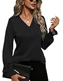 GraceSelect Women's Long Sleeve Tops V Neck Shirts with Smocked Cuffs Design Soft Comfortable Stretchy Tees 2025 Women Fall Clothes Black