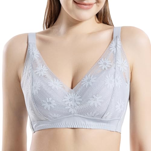 eoisedette Women's Mulberry Silk Bralette Bras, Wireless Lace Triangle Tops Minimizer Wire-Free Lifting Large Size, Grey, L