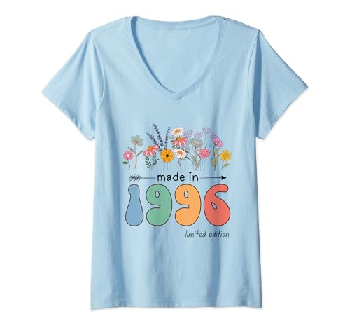 Mujer Vintage 28 Years Old Made in 1996 Wildflowers 28th Birthday Camiseta Cuello V