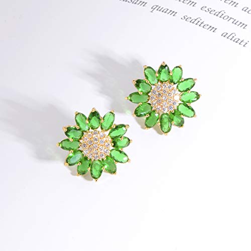 Green Crystal Flower Stud Earirings - Elegant Hypoallergenic Large Big 14K Gold Plated Sterling Silver Sparkly Emerald Cz Cubic Zirconia Rhinestone Daisy Sunflower Floral Cluster Flower Burst Stud Earrings Bridal Wedding Party Prom Costume Jewelry For Bride Bridesmaids Women Girls Birthstone Birthday Gift #TOP3
