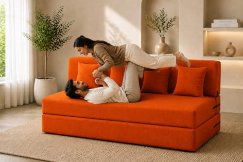 Image of Four Seater Sofa Cum Bed 6x6 Ft with Soft Foam Cushioning, Comfortable Foldable Sofa Bed for Living Room, Bedroom, Guest Room & Office(Orange)