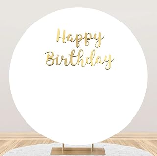 Laeacco Happy Birthday White Round Backdrop Cover 7.5x7.5ft Fabric Birthday Party Solid White Background Birthday Party Decor Supplies Dessert Table Banner Adults Portrait Photo Studio