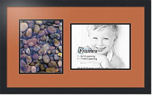 ArtToFrames Collage Photo Frame Double Mat with 1-8.5x11, 8x10 Openings with Satin Black Frame and Red Orange mat.