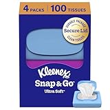 Kleenex Snap & Go Ultra Soft Facial Tissues, 4 On-the-Go Packs, 25 Tissues per Pack, 3-Ply, Packaging May Vary