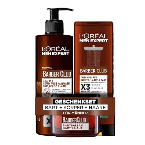 L'Oréal Men Expert Barber Club Advanced Pflegeset für Männer, Mit XXL Duschgel, Bartshampoo und Bartbalsam, Set für Herren mit holzigem Duft und ätherischem Zedernholzöl, Barber Club, 3-teilig