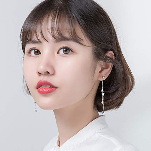 Tassel Star Threader Chain S925 Sterling Silver Long Dangle Drop Earrings For Women Girls Elegant Cute Ball Stud Dangling Hanging Fashion Lucky Star Lightweight Hypoallergenic Jewelry Gifts Birthday #TOP3