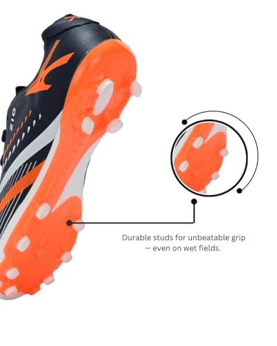 Image of PRO ASE SPORT Football Shoes with Rubber Studs - Ideal for Hard & Artificial Turf Surfaces | Orange, Black, Golden.