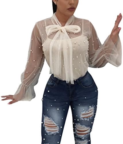 Women's Sexy Mesh See Through Bow Tie Ruffle Puff Long Sleeve Blouse Casual Tops Clubwear Shirt White L