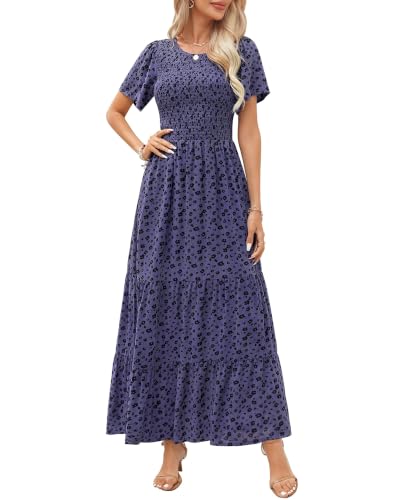 Image of Kranda Women 2025 Summer Fall Crewneck Short Sleeve Smocked Floral Maxi Dress