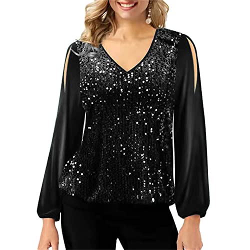 tinetill Langarmshirt Damen Glitzer Oberteile mit Pailletten Elegant Einfarbig Schulterfrei Bluse Langarm Hemd Mode Shirt Tunika Tops Cover