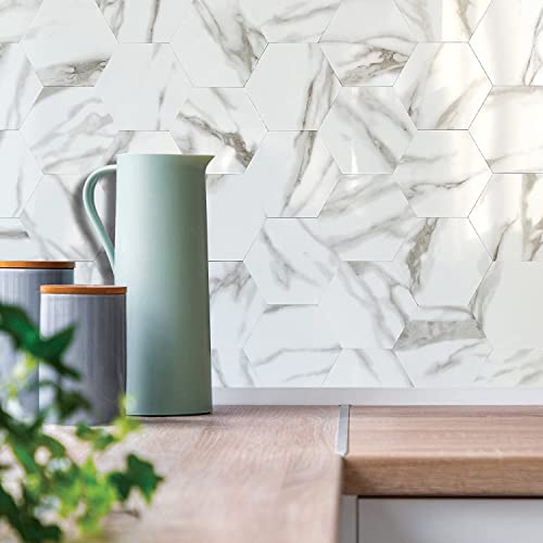 Auliget 72 Piece Hexagon Tile Peel And Stick Backsplash, Polished White Marble Look Kitchen Backsplash Peel And Stick Pvc Tiles #TOP5