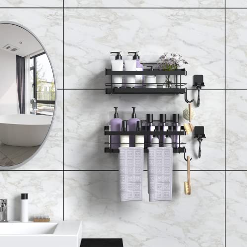 Sinminou Adhesive Shower Caddy With 5 Hooks & 2 Tower Hanger, Rustproof Sus304 Stainless Steel Shower Shelf Basket, Wall Mounted No Drilling Shower Organizer Shampoo Holder - 2 Pack (Black) #TOP2