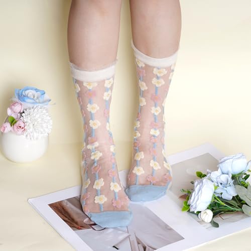 6 Pairs Womens Floral Sheer Socks, Summer Transparent Thin Mesh Ankle Lace Jacquard Socks4