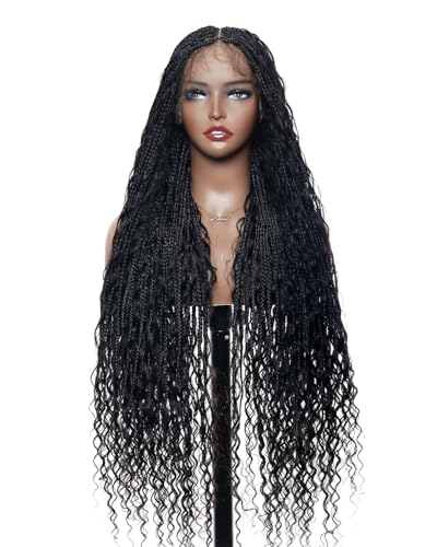JALIZA Human Hair Boho Curls Boho Braided Wig - 36" Salon-Level Small Box Synthetic Braids (121 Braids, High Density) Pre Bleached Pre-Cut Swiss HD Lace, Pre-Plucked, Knotless, Tangle-Free - Black 1B
