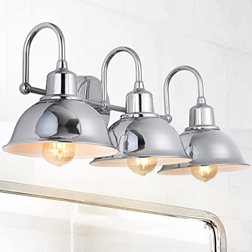 Image of JONATHAN Y 27 inch Chrome Farmhouse Industrial 1-Light LED Vanity Wall Sconce for Bathroom Mirror Kitchen, Metal Shade, Dimmable Vintage Lighting, LED Bulb Included (JYL7483A)