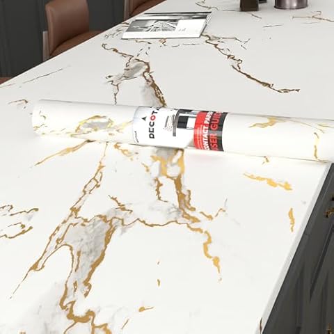Decotalk 30"x200" White Gold Countertop Contact Paper Waterproof, Gold White Marble Contact Paper for Countertops, White Gold Peel and Stick Wallpaper for Kitchen, Removable Wallpaper White Gold Cover