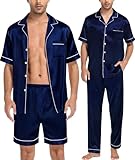 SWOMOG Pajamas Set Mens Silk Satin Pj Set Short Sleeve Loungewear 3-Piece Sleepwear Button-Down Nightwear Deep Navy Blue